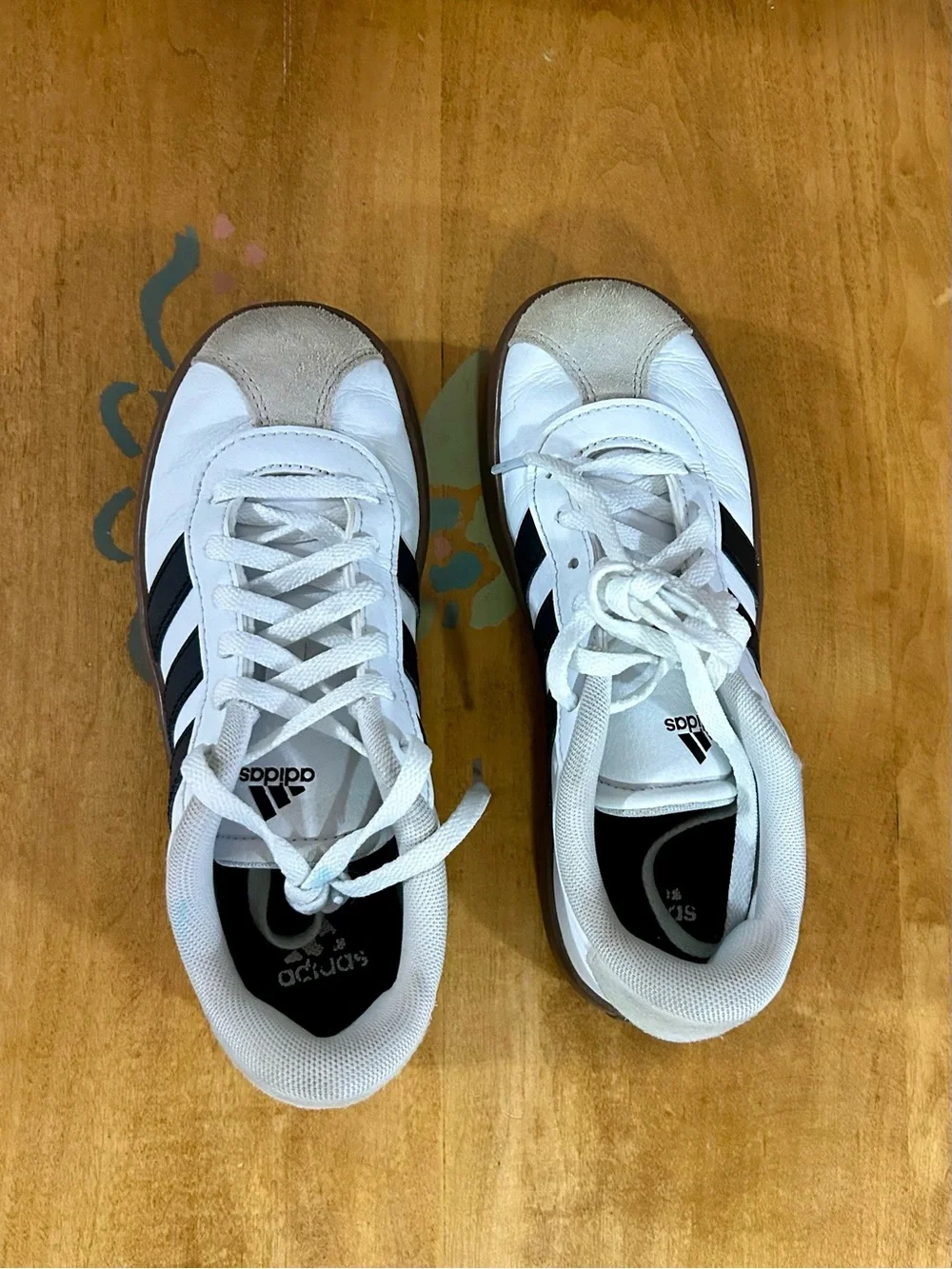 adidas Kids White Sneakers with Black Stripes and Brown Outsole